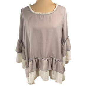 New Easel Ruffle Trim Top Blouse Taupe Cream S Small Tiered Hem